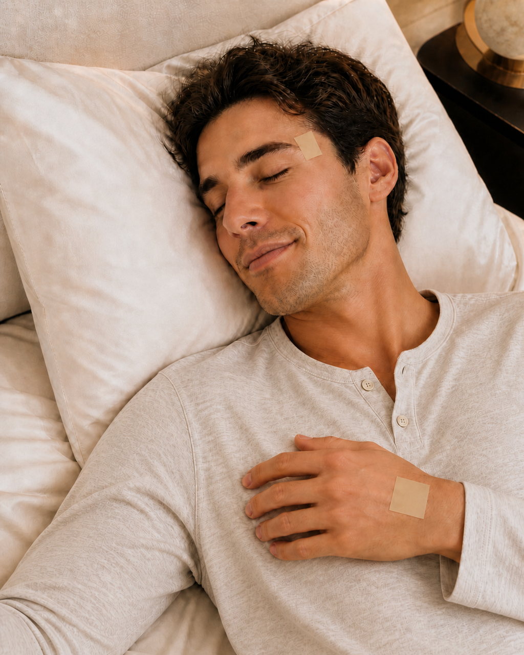 Man sleeping in bed with sleep patch on his side of the head and hand