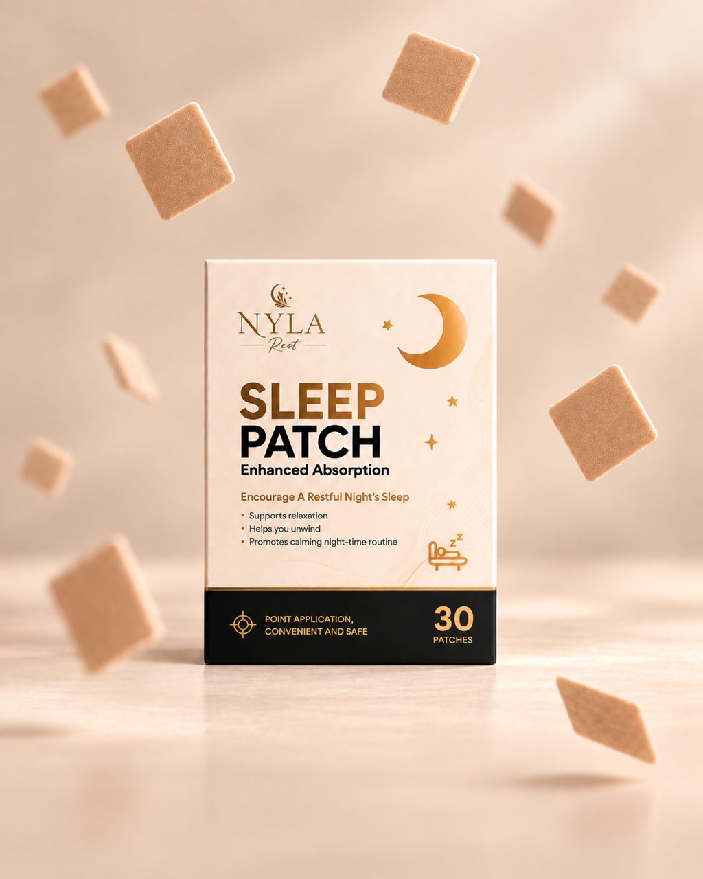 A box of Nyla Rest Sleep Patch is centered on a warm beige background with floating tan patches. The box is cream-colored with gold and black text and graphics, and the bottom section is black with gold text reading '30 PATCHES'.
