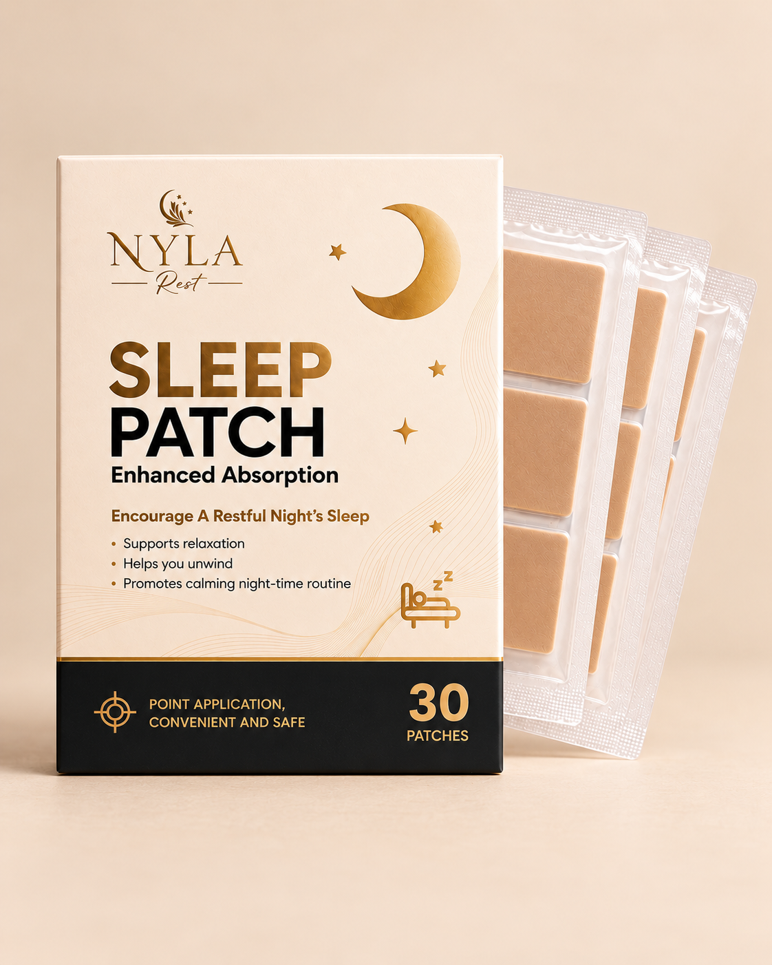 Nyla Rest Sleep Patch packaging box in beige and black with gold accents, shown alongside three clear plastic pouches containing beige patches, on a warm beige background.