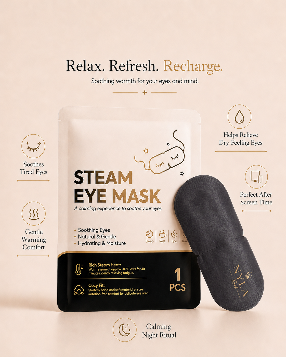 Steam eye mask packaging with benefits text on a beige background