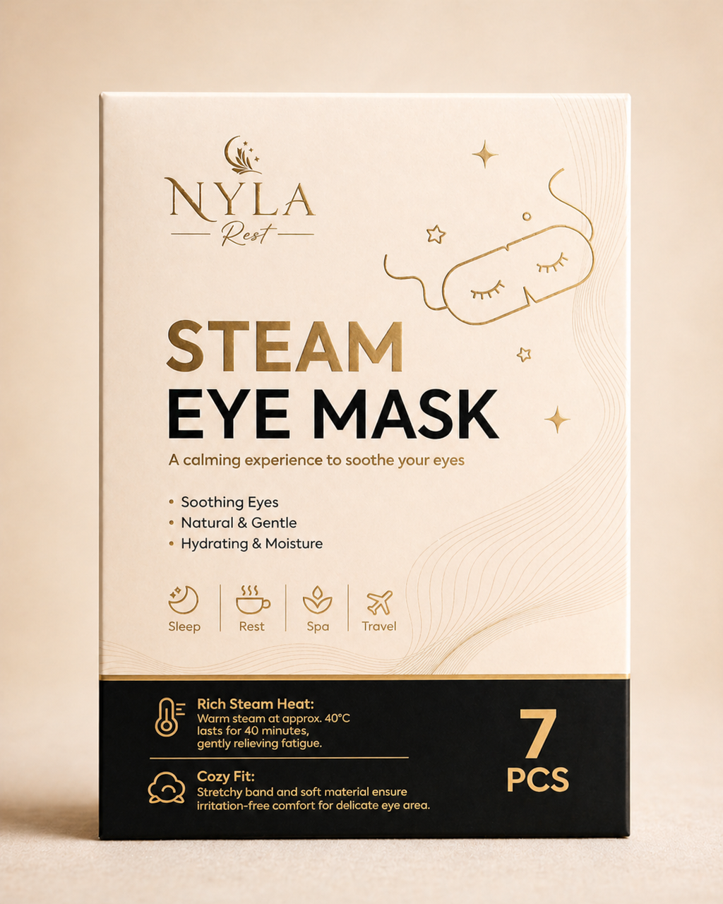 NYLA Steam Eye Mask packaging on a beige background
