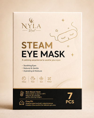 Nyla Rest Steam Eye Mask box front on a beige background, 7 masks per pack