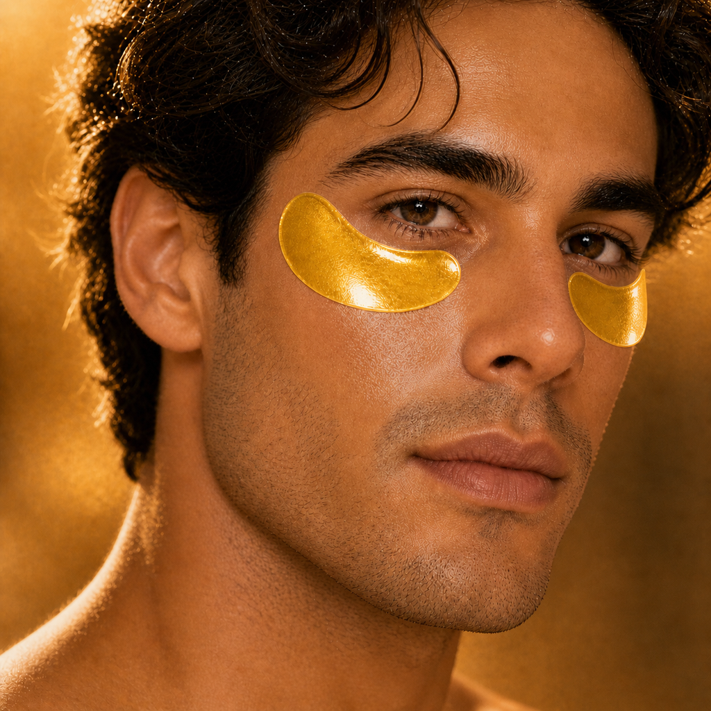 Man with gold eye patches against a warm-toned background