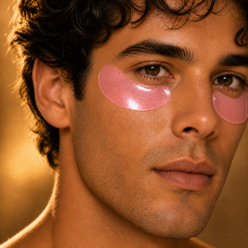 Close-up of a man's face with pink eye patches on a warm-toned background
